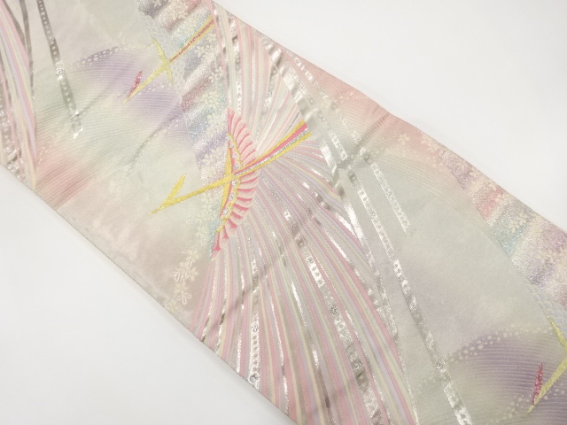 抽象鳥に草花模様織出し暈し袋帯